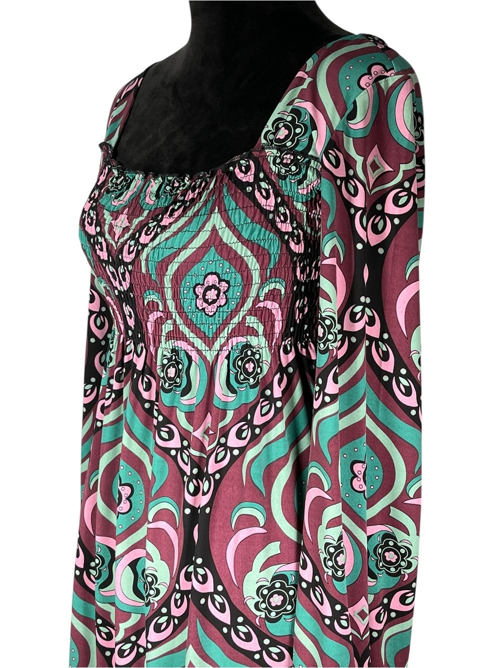 Bisou Bisou Y2K Dress Boho Paisley Smocked Retro Mod Jersey Teal Pink Stretchy - Picture 2 of 7